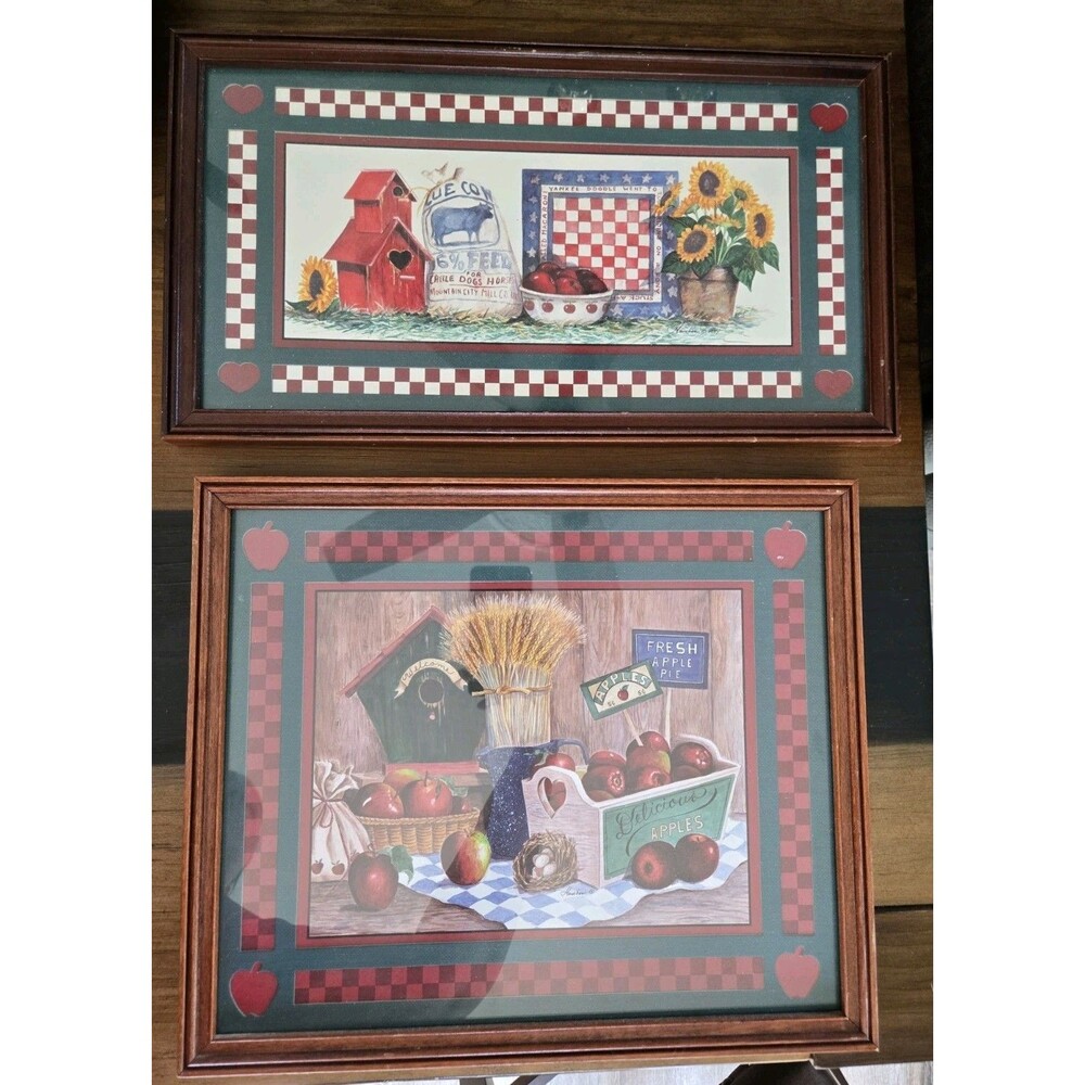 S/2 Vintage Home Interior Country Apples Double Matted Dark Wood Framed W Glass